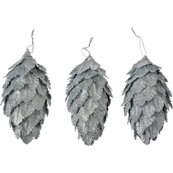 Vánoční ozdoba Stříbrná vánoční ozdoba šiška s lístky Ewoud (sada 3 ks) – 7x13 cm