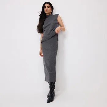 Dámská sukně Reserved - Pletená sukně s rozparkem - středně šedá - 085GS-85M - 085GS-85M-XL