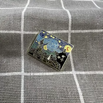 Nejznámější obraz Vincenta van Gogha - Hvězdná noc - kočíčí verze (nakukující kočka)