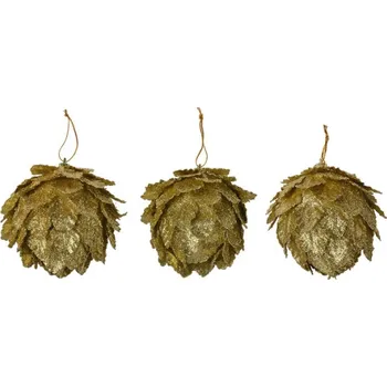 Vánoční ozdoba Zlatá vánoční ozdoba šiška s lístky Ewoud (sada 3 ks) – 8x8 cm