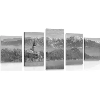 Obraz Dovido 5-dílný obraz kostel u jezera Bled ve Slovinsku v černobílém provedení