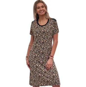 Dámská noční košile Luxusní hedvábně jemná noční košilka s krátkými rukávy a krajkou - vzor jaguár 1D1609 hnědá xl