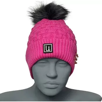 Zimní čelenka Dámská zimní čepice s bambulí - růžová