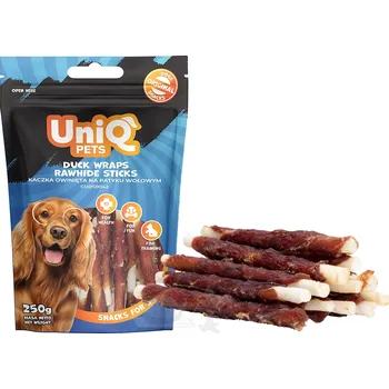 Pamlsek pro psa UNIQ Pets Hovězí tyčinky obalené kachním masem 250g