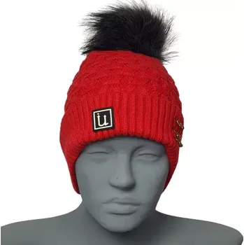 Zimní čelenka Dámská zimní čepice s bambulí - červená