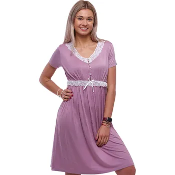 Dámská noční košile Dámská košilka s krátkým rukávem a knoflíkovým zapínáním - lila a bílá krajka 1D1632 fialová l