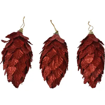 Vánoční ozdoba Červená vánoční ozdoba šiška s lístky Ewoud (sada 3 ks) – 7x13 cm