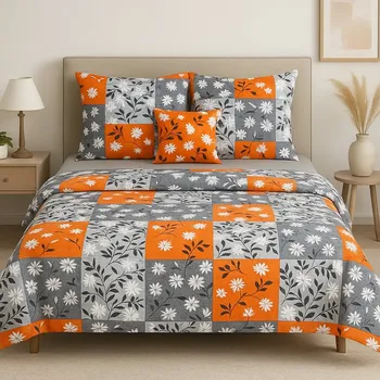 Povlečení Francouzské bavlněné povlečení - Oranžovo šedé s květy