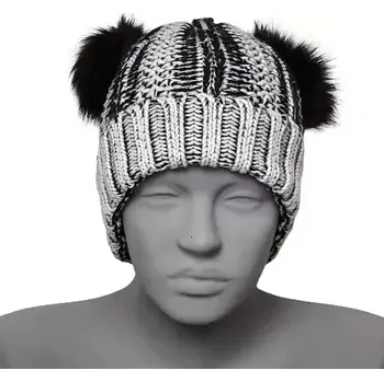 Zimní čelenka Dámská zimní čepice s bambulemi - černobílá