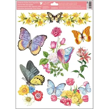 Okenní dekorace Okenní fólie motýli s květy a růžemi 38 x 30 cm