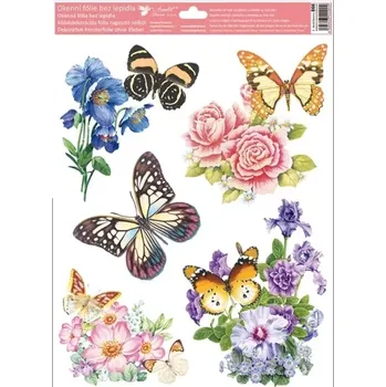 Okenní dekorace Okenní fólie motýli s barevnými květy 38 x 30 cm