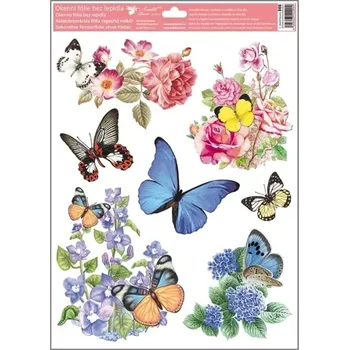 Okenní dekorace Okenní fólie motýli s modrými a růžovými květy 38 x 30 cm