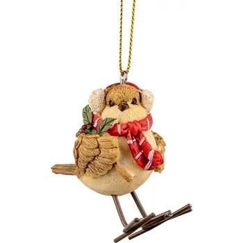 Vánoční ozdoba Vánoční ozdoba malý ptáček se šálou a větvičkou cesmíny – 5x3x7 cm