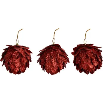 Vánoční ozdoba Červená vánoční ozdoba šiška s lístky Ewoud (sada 3 ks) – 8x8 cm