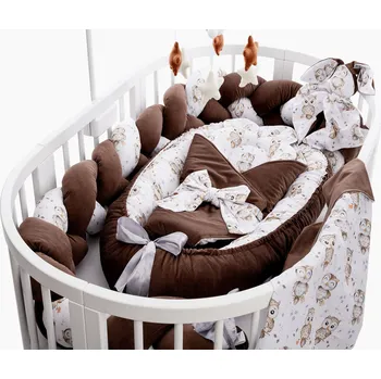 Hnízdečko pro miminko MIMOUŠEK 6-dílný set do postýlky sovičky a kakao velvet