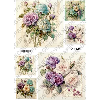 Umělecký papír Rýžový a soft papír na decoupage - Růže na tyrkysu - KB01246 Materiál: Soft, Rozměr: A4