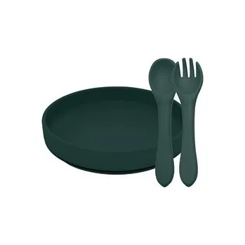 PETITE&MARS Set jídelní silikonový TAKE&MATCH 2 ks talíř + příbor Misty Green 6m+