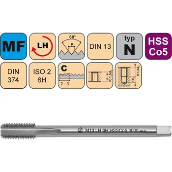 Závitořezný nástroj NÁSTROJE CZ Závitník strojní M8x1 ISO2 HSSE DIN 374 C Levý - CZZ3000L-M8X1-ISO2