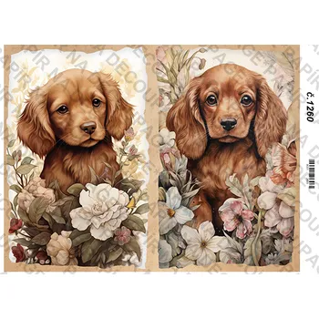 Výtvarný papír Rýžový a soft papír na decoupage - Štěňátka s květinami- KB01260 Materiál: Rýžový papír, Rozměr: A4