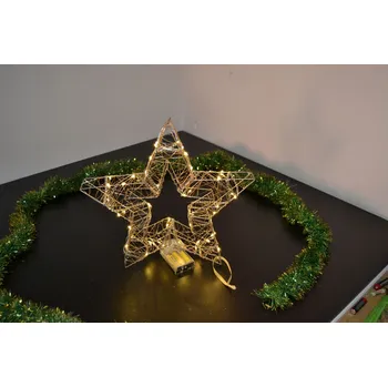 Vánoce PRC Vánoční osvětlení, drátěná hvězda na baterie 35cm, dvjojitá, šampaň