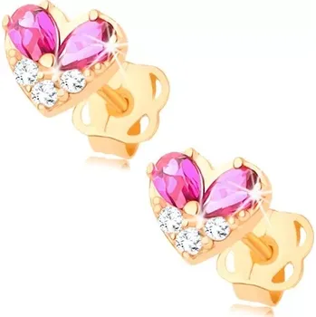 Náušnice Zlaté 14K náušnice srdce s růžovými kapkami a čirými zirkony