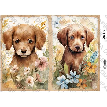 Umělecký papír Rýžový a soft papír na decoupage - Štěňátka s květinami- KB01261 Materiál: Soft, Rozměr: A4