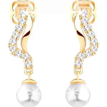 Náušnice Zlaté náušnice 14K se zvlněnými liniemi, zirkony a perlou