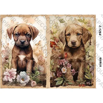 Umělecký papír Rýžový a soft papír na decoupage - Štěňátka s květinami- KB01264 Materiál: Soft, Rozměr: A4