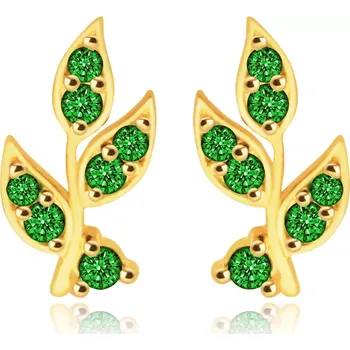 Náušnice Náušnice ze 14K žlutého zlata - stonek s lístky, blýskavé zirkony zelené barvy