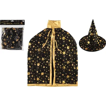 Karnevalový kostým Klobouk čarodějnický + plášť průměr 38cm černo-zlatý v sáčku