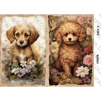 Umělecký papír Rýžový a soft papír na decoupage - Štěňátka s květinami- KB01262 Materiál: Soft, Rozměr: A4