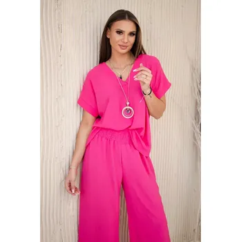 Komplet s náhrdelníkem halenka + kalhoty růžový UNI