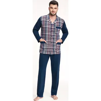 Pánské pyžamo Pyžamo Luna 797 dlouhé/r 4XL pánské rozepínací modrý tisk 4XL