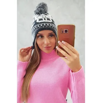 Čepice Rosa dámská čepice s bambulí K368 bílá+grafitová+tmavě šedá UNI