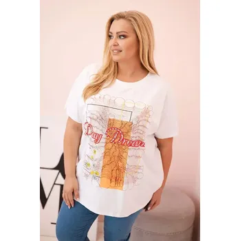 Dámská halenka Dámská bavlněná halenka Plus Size s potiskem „Day Dream“ bílá + oranžová UNI