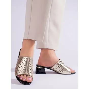 Dámské žabky Stylové nazouváky zlaté dámské na širokém podpatku 37