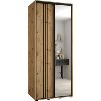 Šatní skříň Šatní skříň s posuvnými dveřmi a zrcadlem DAVOS 7, 100cm | DUB Artisan / černé pojezdy