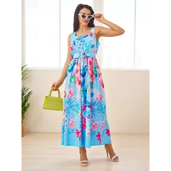 Dámské šaty Resti Women's viscose midi dress with straps, featuring a belt in various floral patterns Resti světle modrá | růžová 3406901