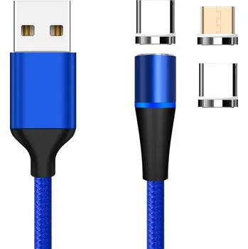 Datový kabel Magnetický USB kabel rychlonabíjecí 3v1, modrý 1 m