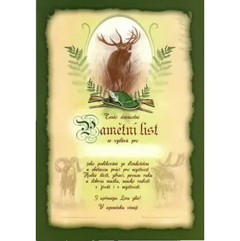 PAMĚTNÍ LIST za dlouholetou spolupráci pro myslivce Motiv: srnec