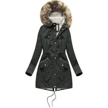 Dámská zimní bunda typu parka v army barvě s mechovitou kožešinovou podšívkou a s kapucí (7602BIG) odstíny zelené 46