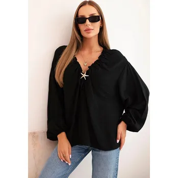 Dámská halenka Dámská blůza s viskózou, s nařaseným výstřihem a ozdobou černá UNI