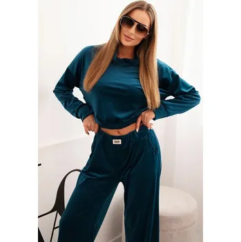 Dámská halenka Dámský komplet z veluru se širokými nohavicemi a mikinou s kapucí mořská UNI