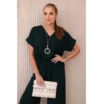 Dámská halenka Komplet s náhrdelníkem halenka + kalhoty tmavě zelená UNI