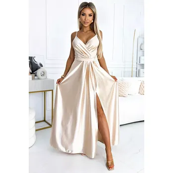 Dámské šaty 512-3 JULIET elegantní dlouhé saténové šaty s výstřihem a rozparkem na nohou - BEACH L