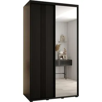 Šatní skříň Šatní skříň s posuvnými dveřmi a zrcadlem DAVOS 7, 140cm | Černá / černé pojezdy