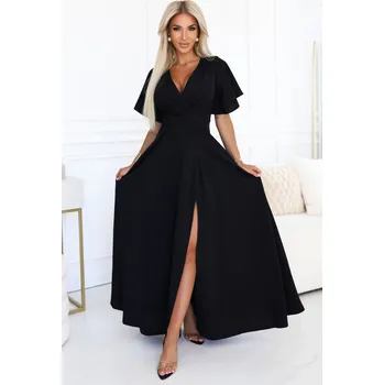 Dámské oblečení 581-7 JENNIFER dlouhé šaty s rozparkem na nohou, rukávy a výstřihem - černé M