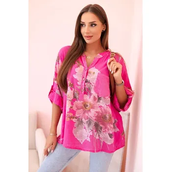 Dámská halenka blůza z bavlny s květinovým vzorem a knoflíky růžová UNI