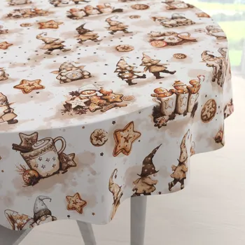 ubrus Bavlněný kulatý ubrus Sandra SA-663 Hnědí skřítci s perníčky na bílém Ø 100 cm