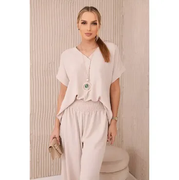 Komplet s náhrdelníkem halenka + kalhoty béžový UNI